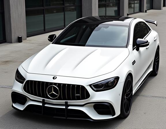 Weisser Mercedes AMG mit schwarzen Akzenten am Dach und Spiegel.