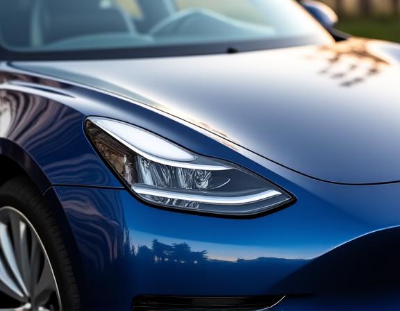 Nahaufnahme eines Tesla Model 3 mit transparenter Steinschlagschutzfolie.