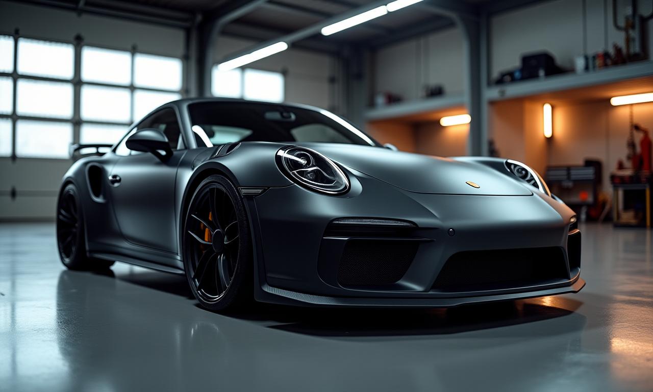 Ein professionell in matt-schwarz foliertes Sportauto in einer modernen Garage.