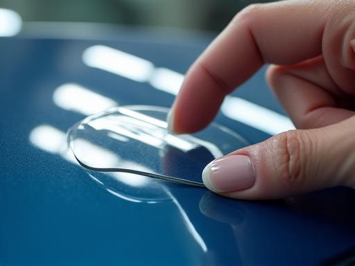 Nahaufnahme einer transparenten Lackschutzfolie, die auf eine Motorhaube aufgetragen wird.