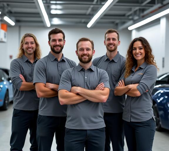 Das Team der Via Sticker Garage in der sauberen und gut beleuchteten Werkstatt.